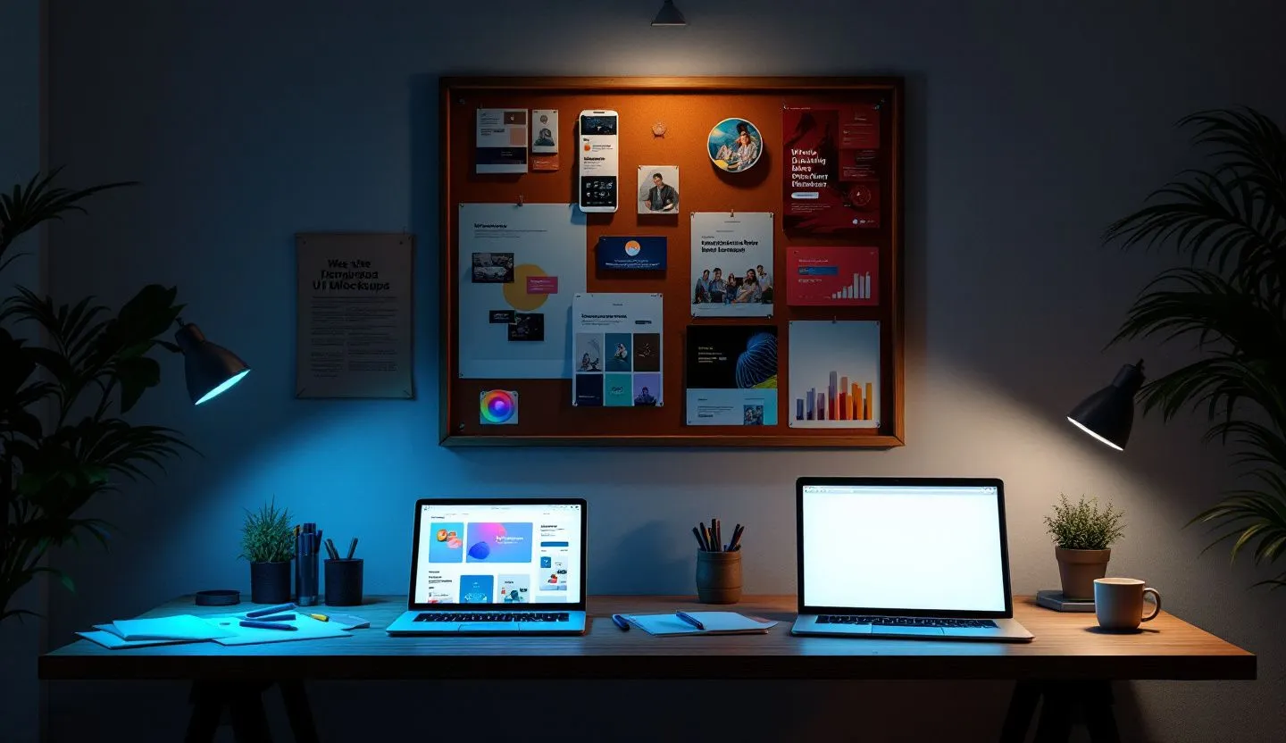 Workspace with moodboards and devices glowing with template previews