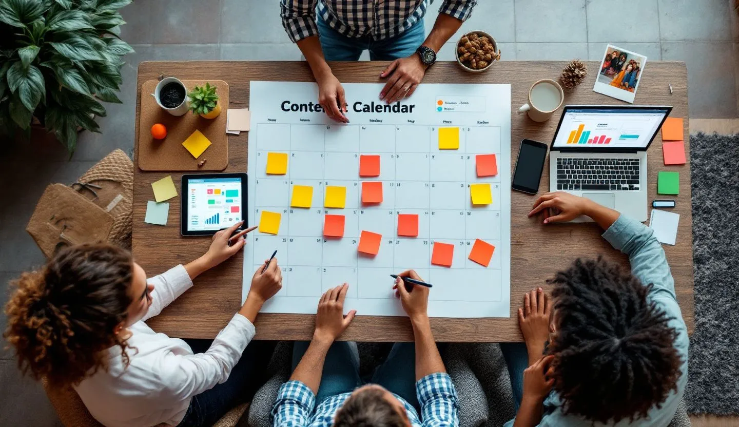 A small business creating a content calendar and strategy to engage their audience.