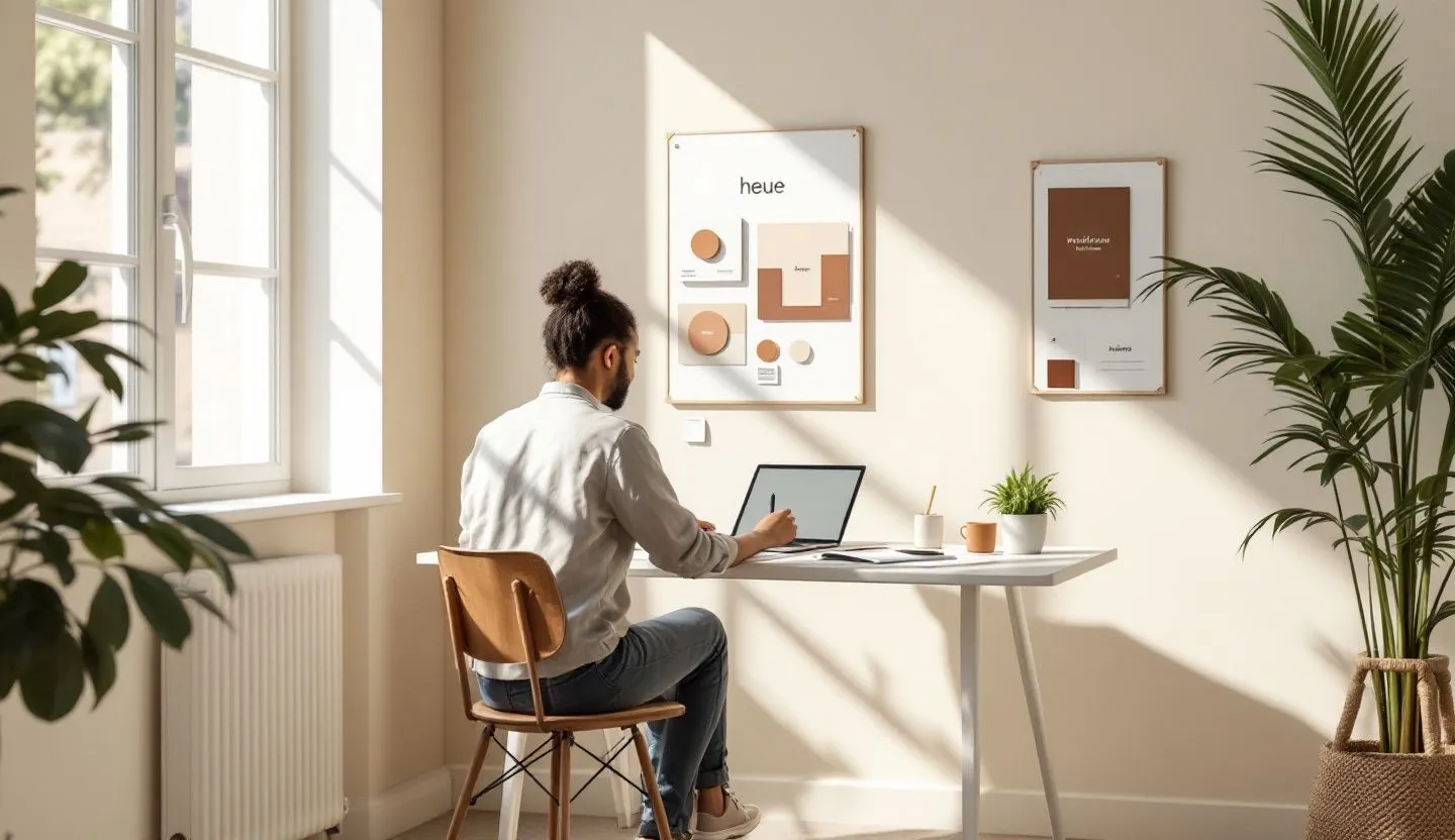 A designer working on a creative brief, highlighting the unique selling proposition of a brand. Style realistic and minimalistic