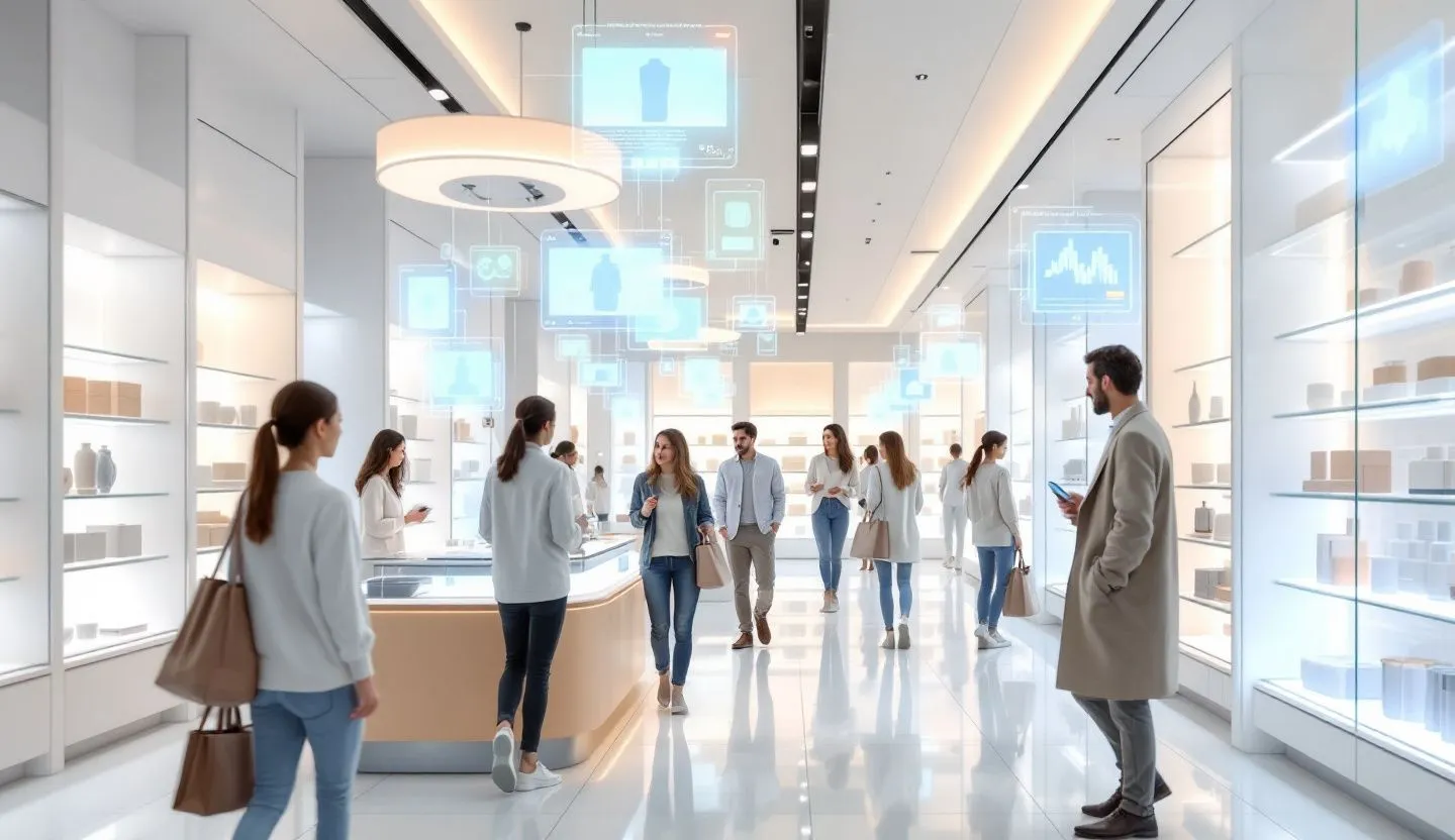 An artist's depiction of a futuristic shopping experience with personalized digital signs directing consumers. Style realistic and minimalistic