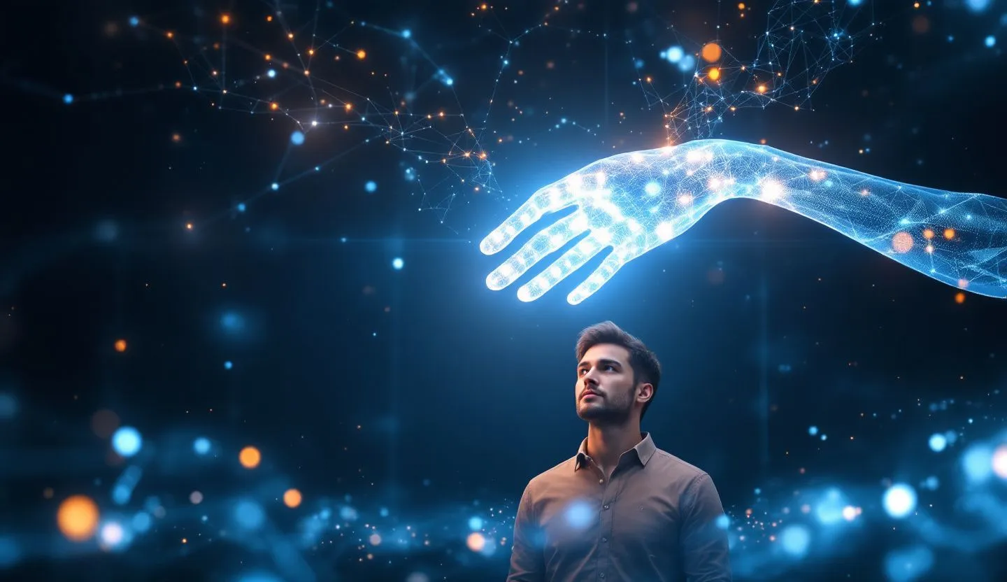 Abstract representation of AI helping a human - glowing helping hand, digital assistant vibe