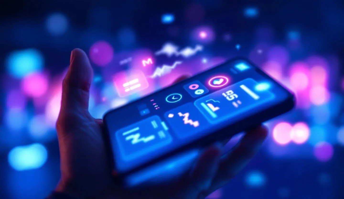 Close-up of a hand holding a phone with glowing template previews (no text)