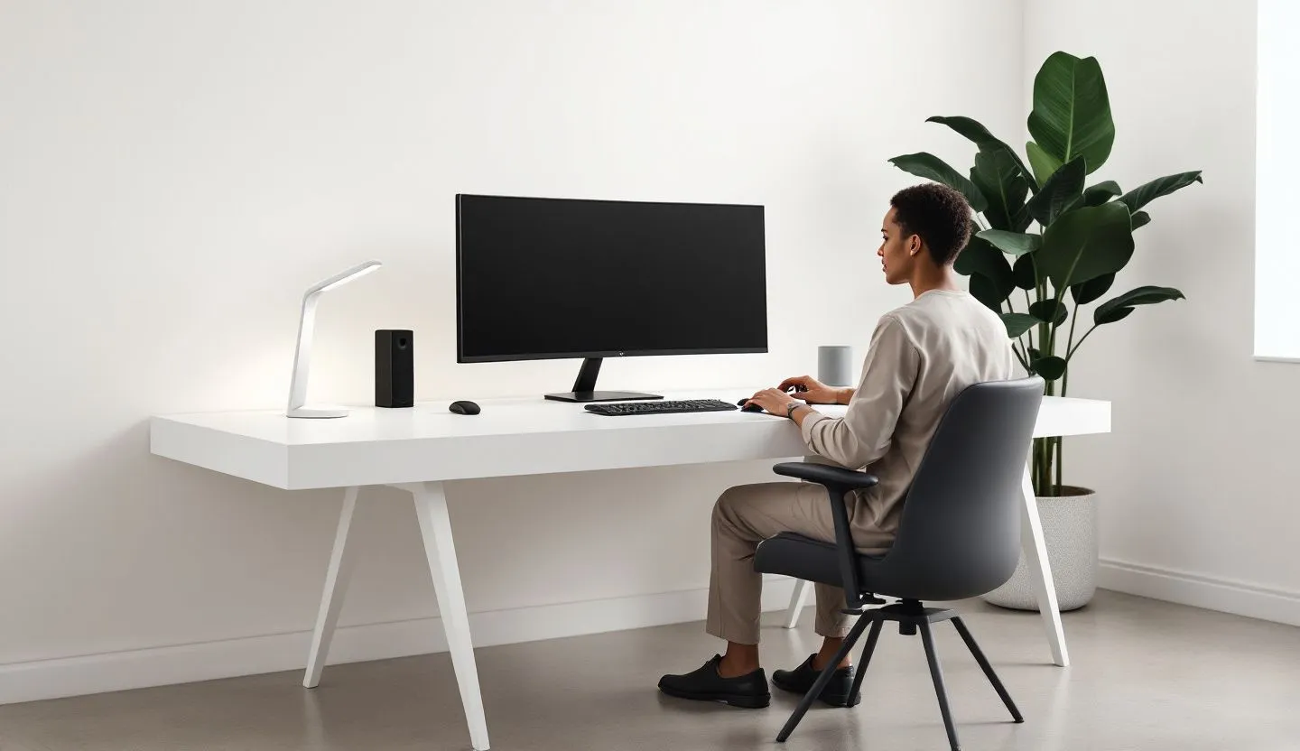 Minimalist studio space with subtle tech and design elements layered around a person