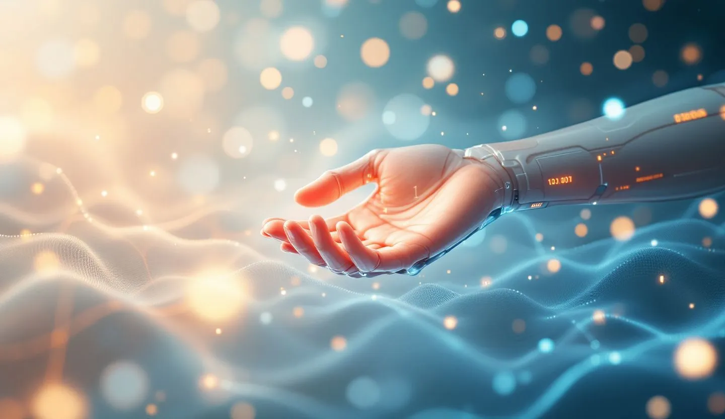 Abstract representation of AI helping a human - glowing helping hand, digital assistant vibe