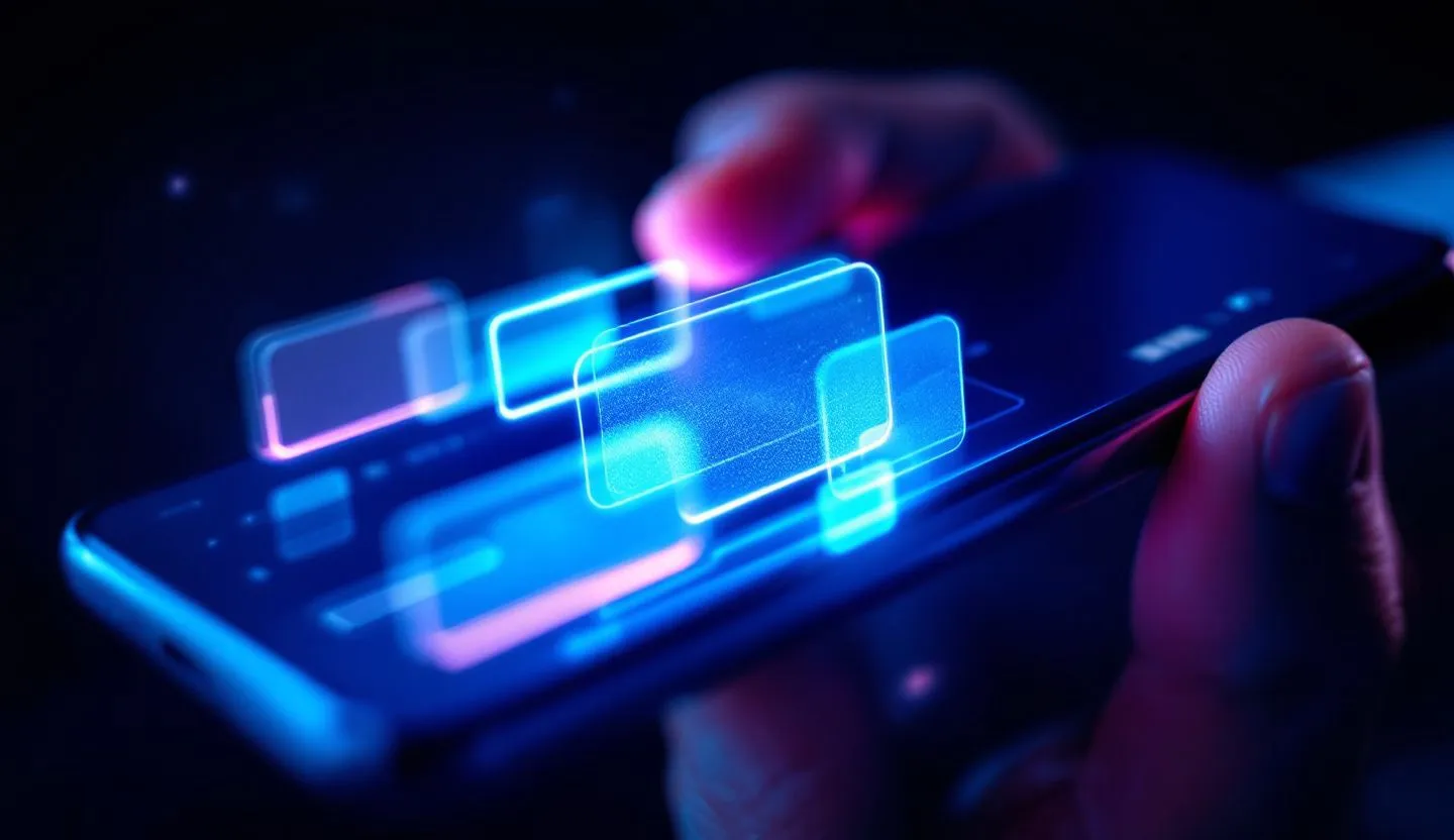 Close-up of a hand holding a phone with glowing template previews (no text)