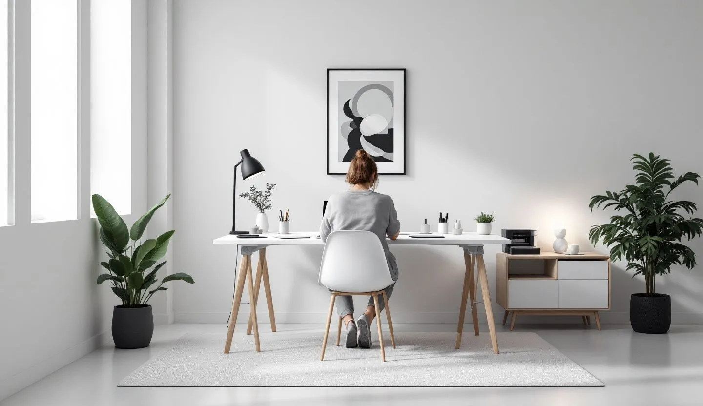 Minimalist studio space with subtle tech and design elements layered around a person