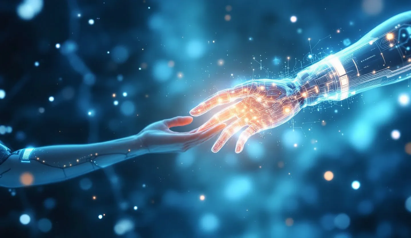 Abstract representation of AI helping a human - glowing helping hand, digital assistant vibe