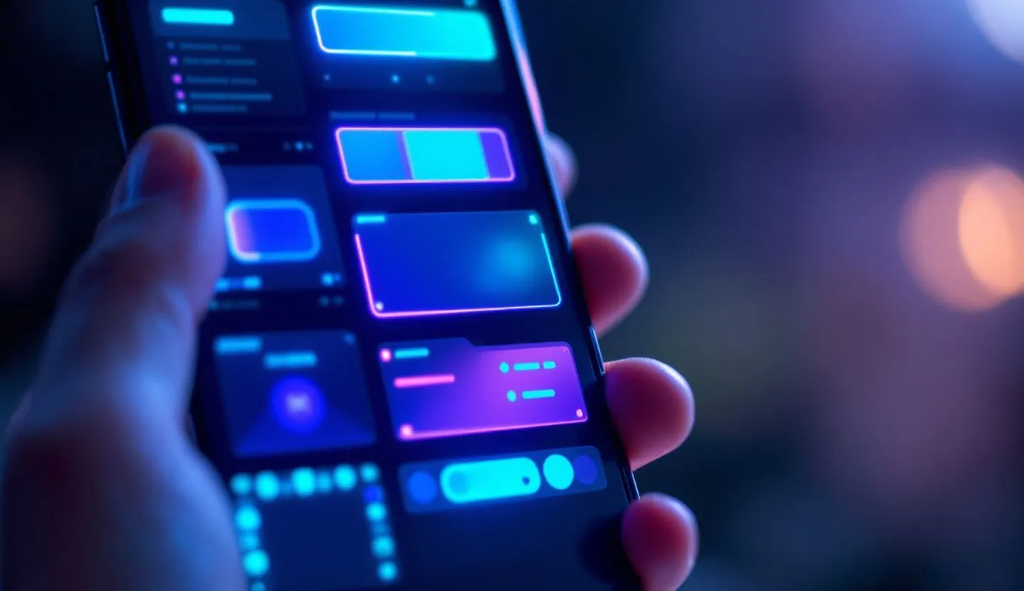 Close-up of a hand holding a phone with glowing template previews (no text)