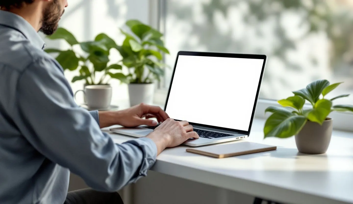 Solo entrepreneur at a clean desk with creative energy - plant, laptop, coffee, open screen