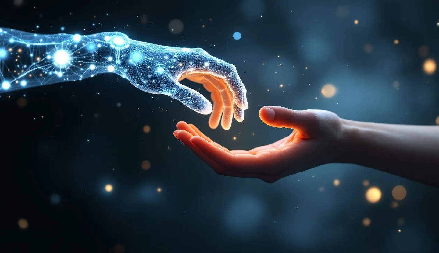 Abstract representation of AI helping a human - glowing helping hand, digital assistant vibe