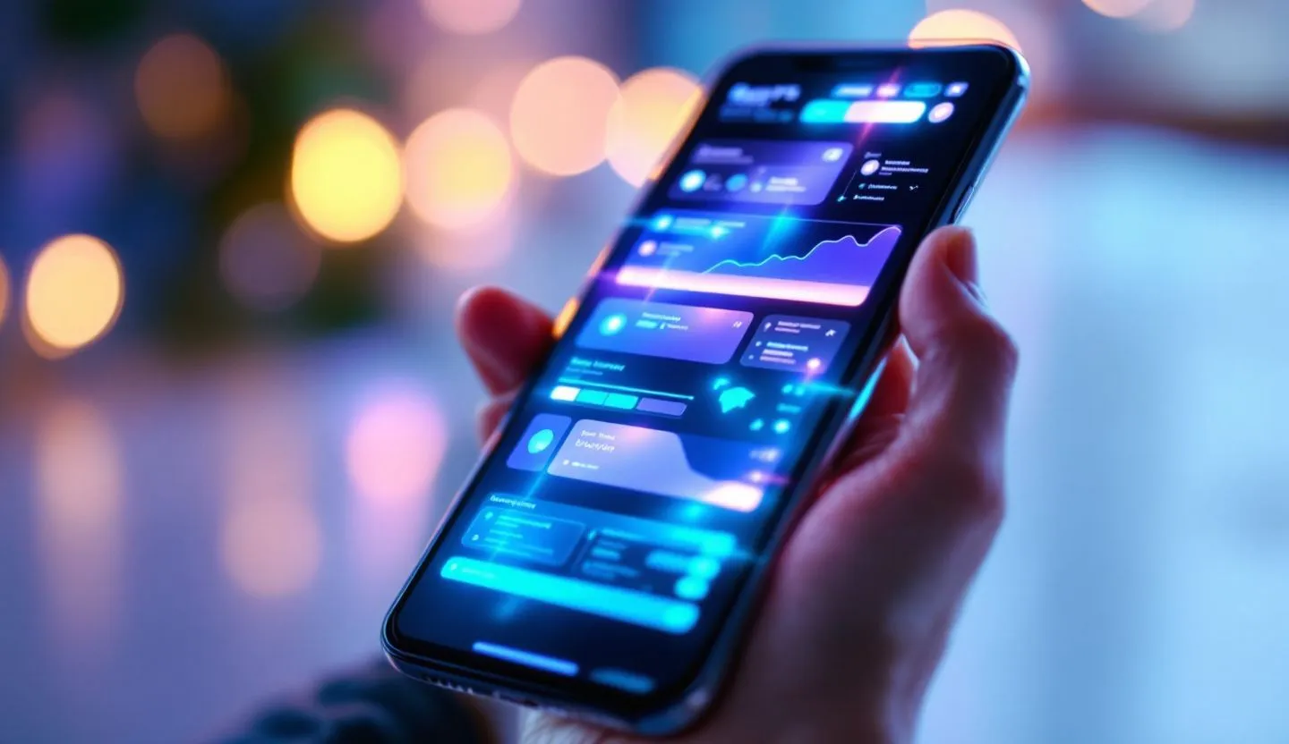 Close-up of a hand holding a phone with glowing template previews (no text)