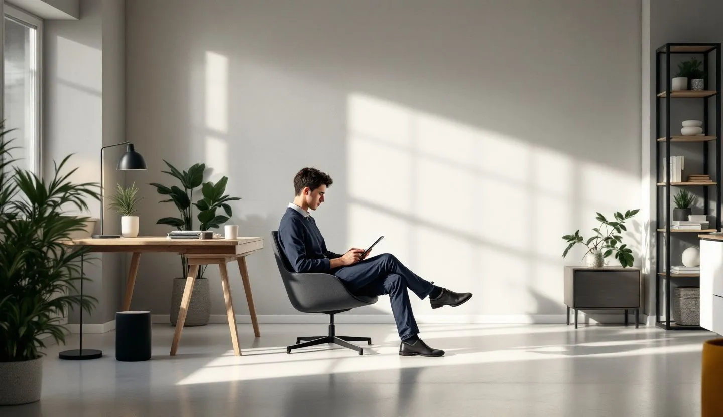 Minimalist studio space with subtle tech and design elements layered around a person