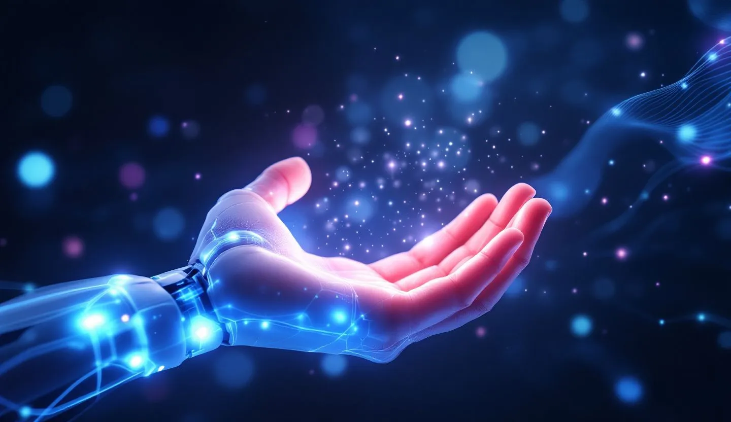 Abstract representation of AI helping a human - glowing helping hand, digital assistant vibe