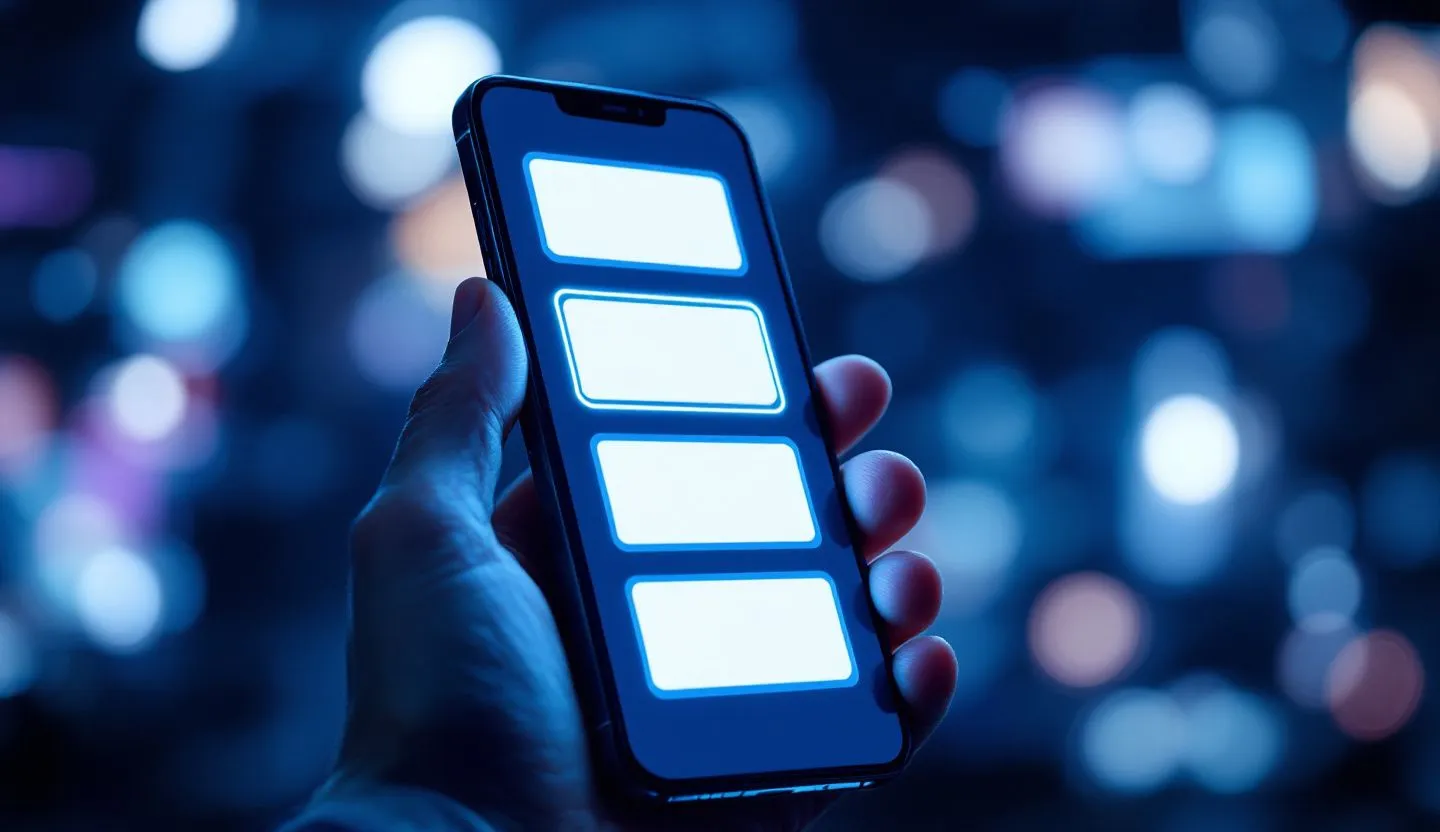 Close-up of a hand holding a phone with glowing template previews (no text)