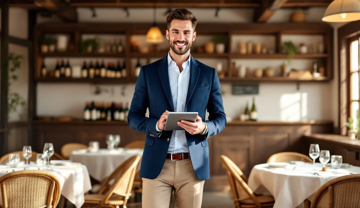Confident business owner smiling while using a smart device in a Alsatian Restaurants workspace