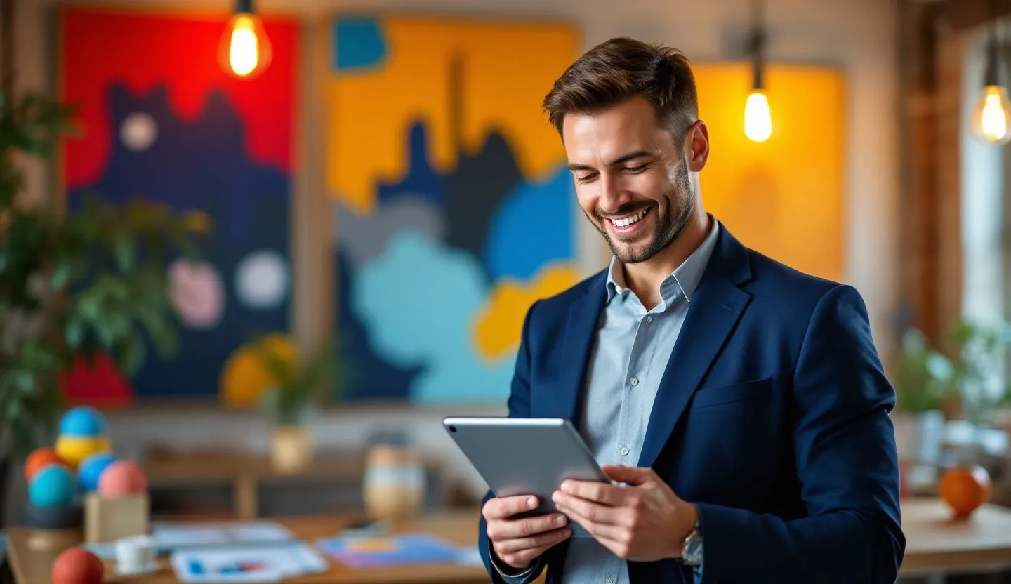 Confident business owner smiling while using a smart device in a Art Installation workspace