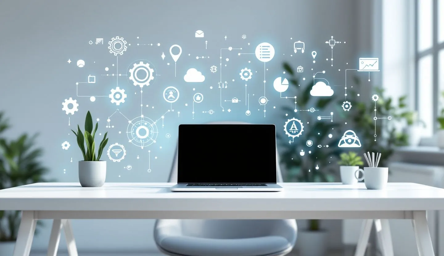 Bright clean workspace with floating abstract tech icons representing marketing automation