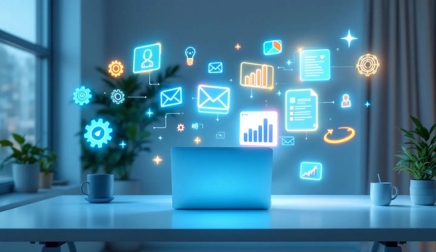 Bright clean workspace with floating abstract tech icons representing marketing automation