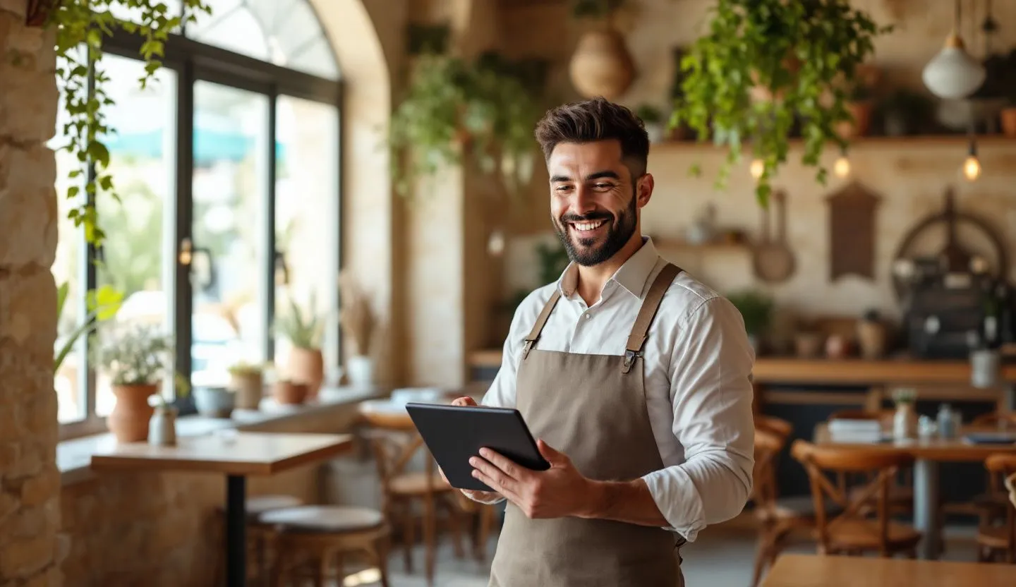 Confident business owner smiling while using a smart device in a Cypriot Restaurants workspace
