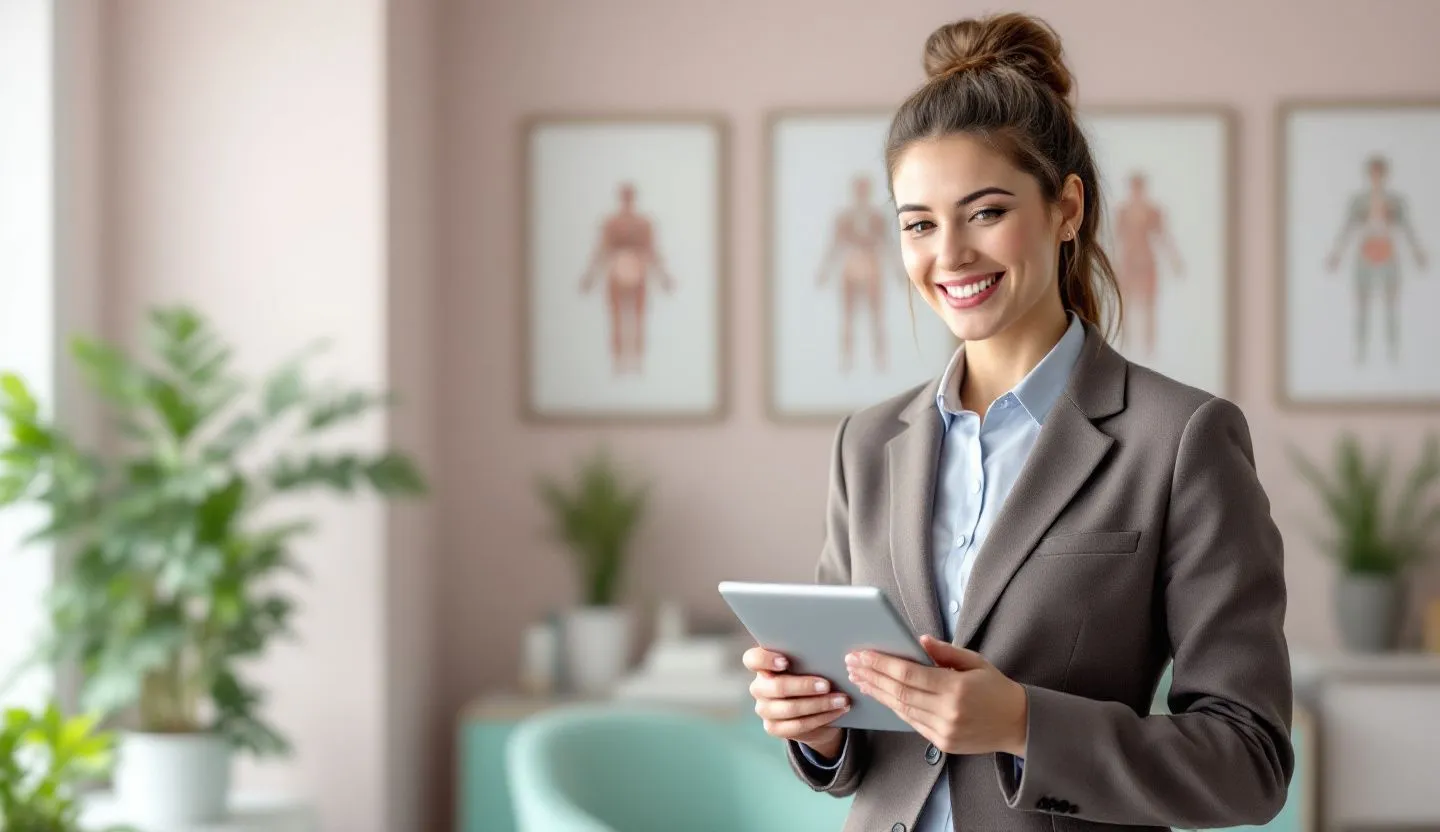 Confident business owner smiling while using a smart device in a Fertility workspace
