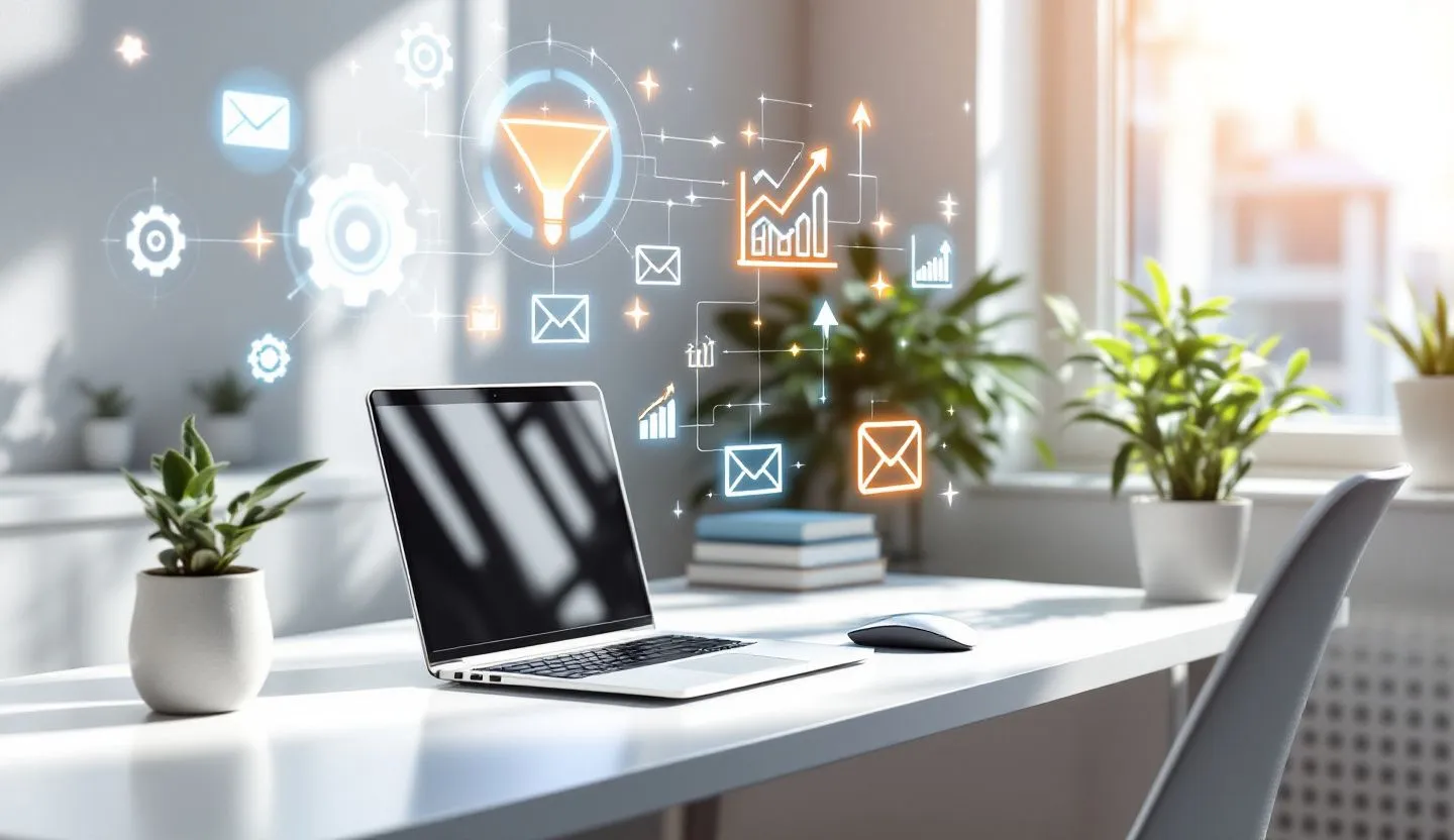 Bright clean workspace with floating abstract tech icons representing marketing automation
