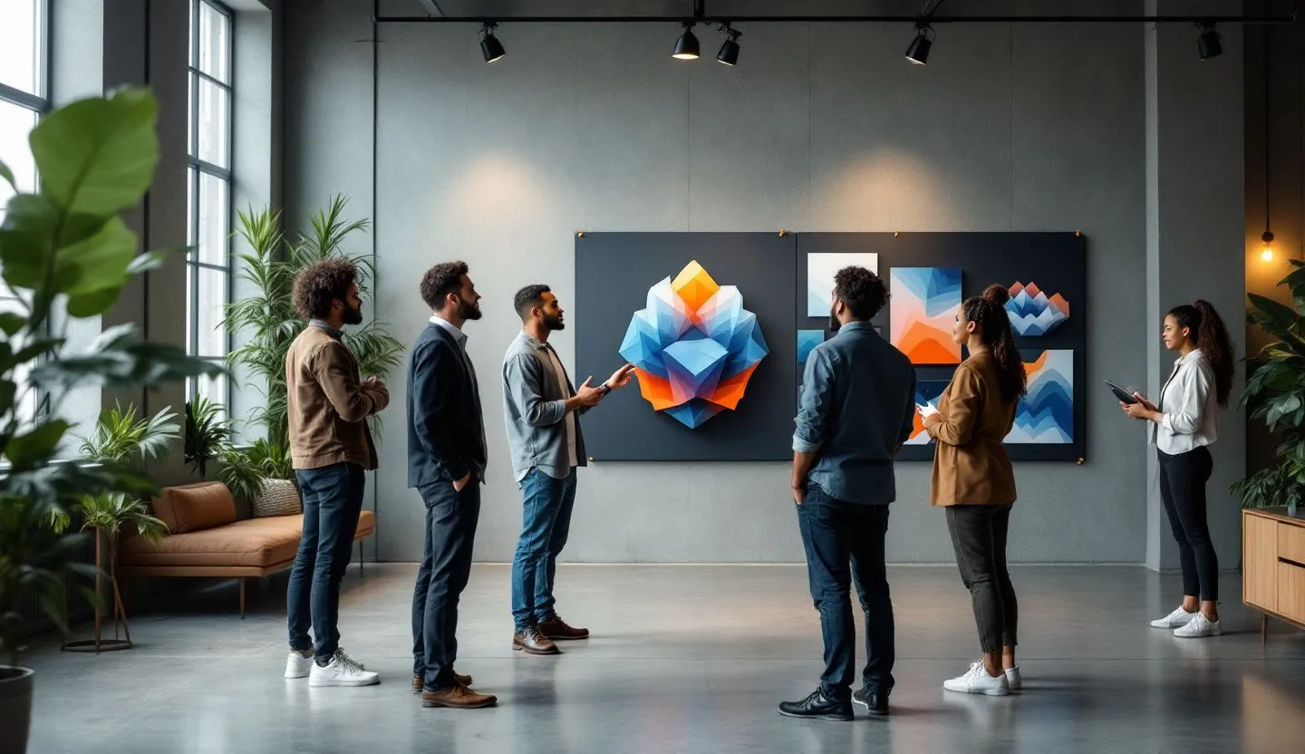 Wide or angled team perspective: marketing team selecting from abstract geometric mark studies pinned on boards. Editorial photography, cinematic lighting in a modern professional workspace. Do not show split screens, clutter, text, UI elements, logos, graphs, or charts. Avoid cartoonish effects.