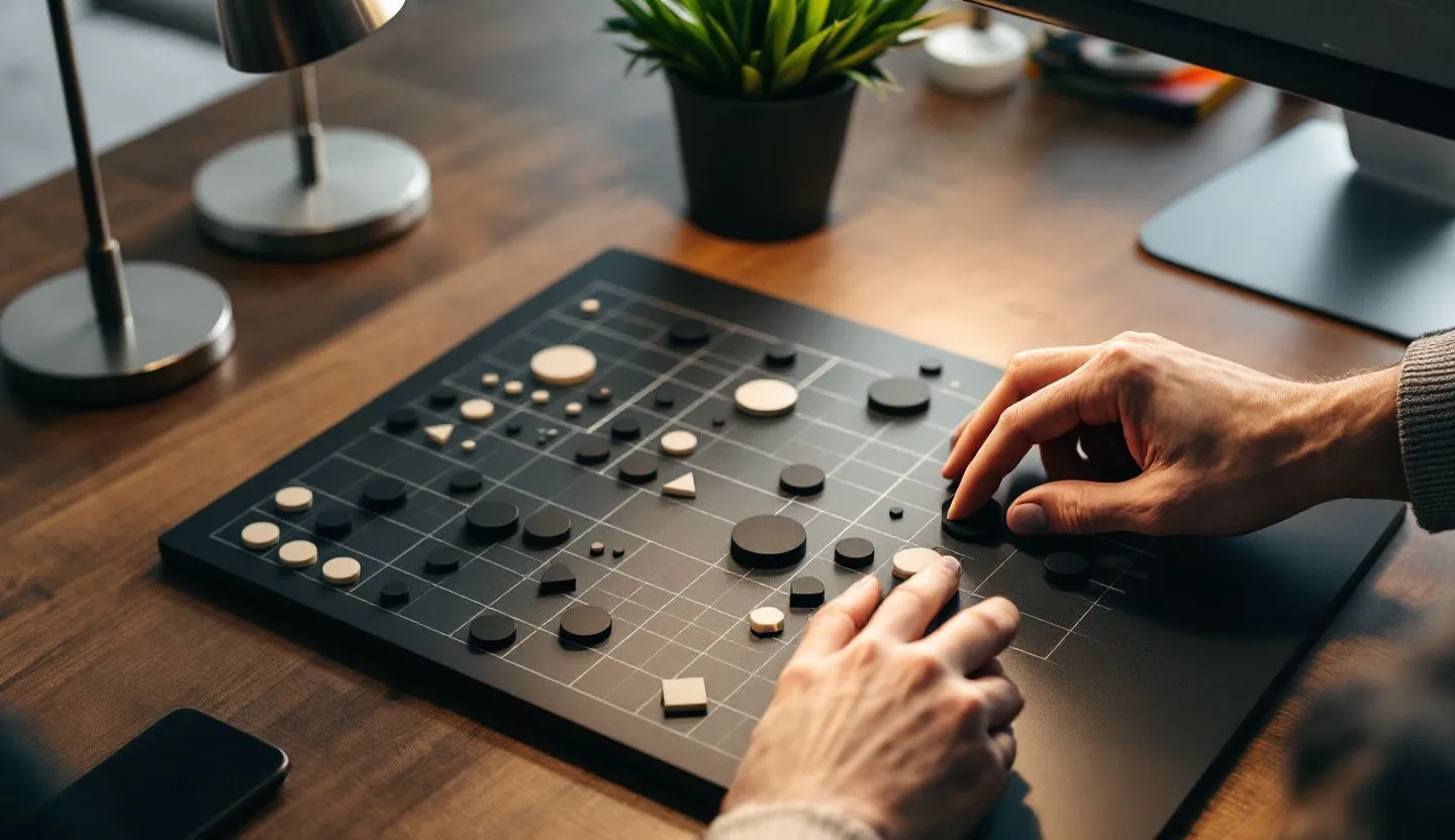 Close-up or macro detail: macro of hands arranging black-and-white shape tokens on a grid board. Editorial photography, cinematic lighting in a modern professional workspace. Do not show split screens, clutter, text, UI elements, logos, graphs, or charts. Avoid cartoonish effects.