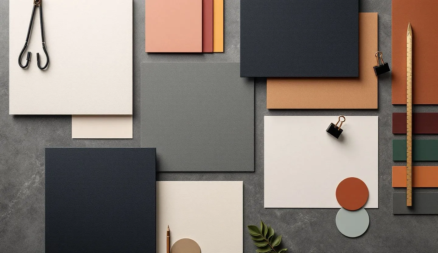 Overhead or angled tabletop composition: flat lay of style tiles, color cards, and paper mockups arranged in a tidy grid. Editorial photography, cinematic lighting in a modern professional workspace. Do not show split screens, clutter, text, UI elements, logos, graphs, or charts. Avoid cartoonish effects.