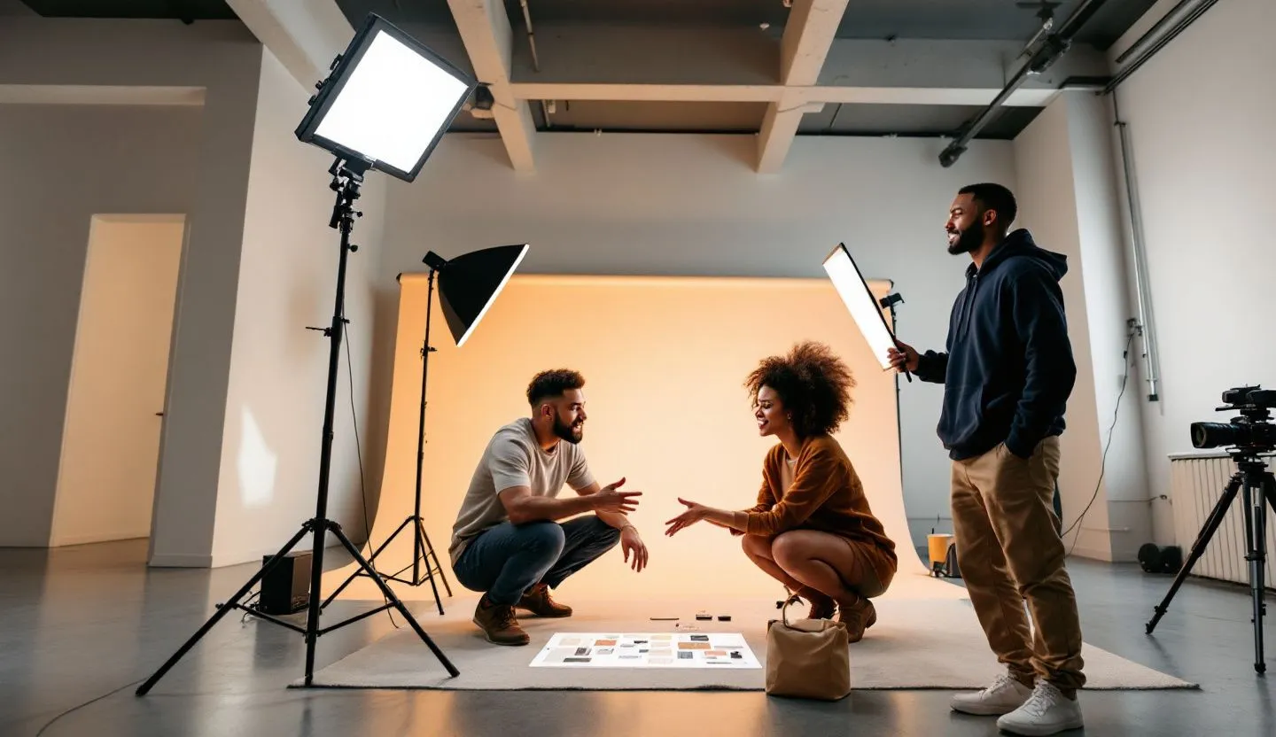 Wide or angled team perspective: small crew planning a brand video with lights and reflectors set in a minimal studio. Editorial photography, cinematic lighting in a modern professional workspace. Do not show split screens, clutter, text, UI elements, logos, graphs, or charts. Avoid cartoonish effects.