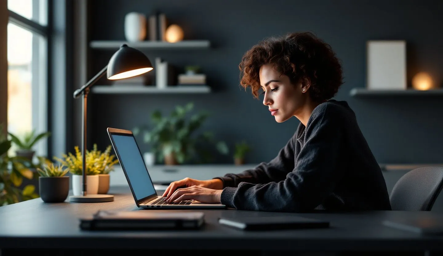 Over-the-shoulder or side-profile: editor previewing storyboard frames on a laptop angled away from the lens. Editorial photography, cinematic lighting in a modern professional workspace. Do not show split screens, clutter, text, UI elements, logos, graphs, or charts. Avoid cartoonish effects.