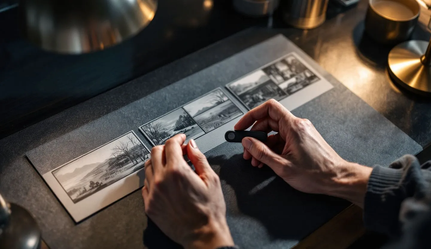 Close-up or macro detail: macro of hands arranging storyboard frame cards and a remote shutter. Editorial photography, cinematic lighting in a modern professional workspace. Do not show split screens, clutter, text, UI elements, logos, graphs, or charts. Avoid cartoonish effects.